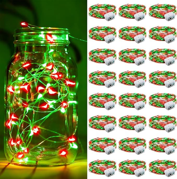 Aogist 24 Pack Fairy Lights 3 Modes 7ft 20 LED Waterproof,Battery Operated Silver Wire Firefly Starry Moon Mini String Lights for Mason Jars Christmas DIY Crafts Wedding Party Bedroom,Red&Green