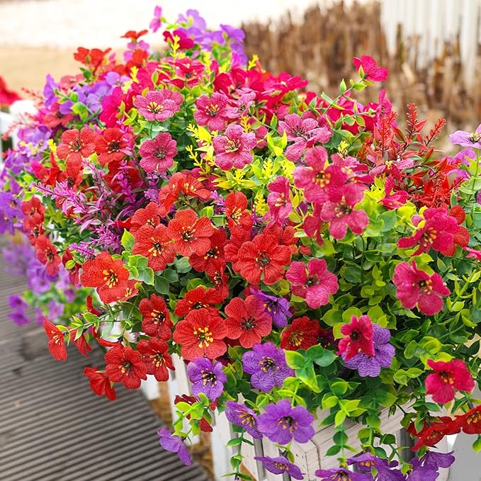 SHareconn 48 Bundles Artificial Flowers for Outdoors Decoration, Faux Plants Fake Silk Colorful Daisy Eucalyptus Lavender, UV Resistant for Outside Home Porch Patio Indoor Spring Decor, Mix 3 Colors