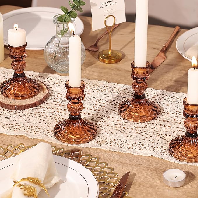 12PCS Amber Candlestick Holders Set- 4" H Taper Candle Holders, Glass Candle Holders Bulk for Wedding, Party, Fall Home Table Centerpieces, Festival Gifts & Windowsill Decor