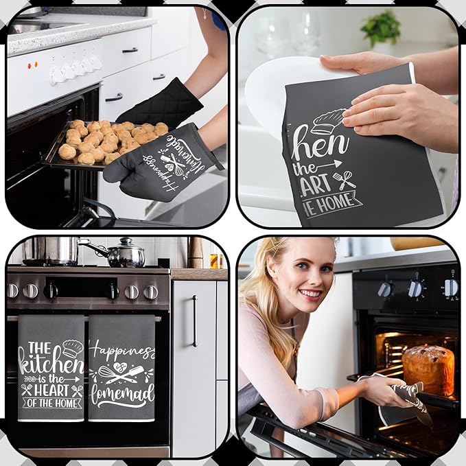 Sratte 6 Pcs Kitchen Decor Accessories Set Farmhouse Towels Pot Holders Oven Mitts Set 2 Dish Towels 2 Potholders 2 Cooking Mittens Oven Glove for Christmas Baking Cooking Supply(Dark Gray,Kitchen)