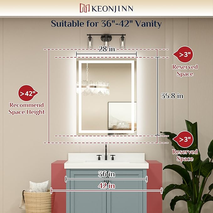 Keonjinn LED Bathroom Mirror 28 x 36 Inch, Frontlit & Backlit Vanity Mirror with 3 Color Lights, Lighted Mirror for Bathroom Wall with Anti-Fog, HD Tempered Glass, UL-Listed LED Driver, CRI90+