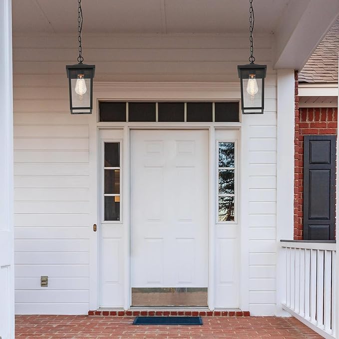 Outdoor Pendant Light Fixture, Farmhouse Exterior Hanging Lights with Adjustable Chain, Black Anti-Rust Ceiling Outdoor Light with Clear Glass, Hanging Lantern for Front Door, Entry, Porch, and Gazebo