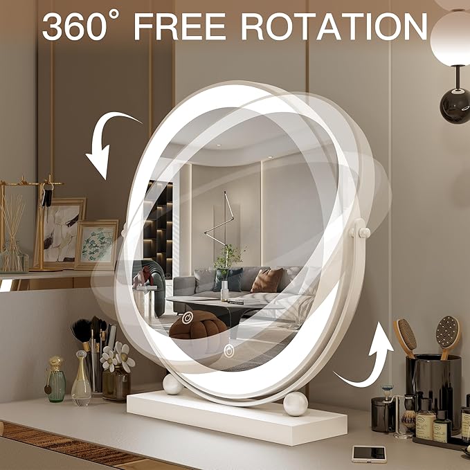 13 Inch Vanity Mirror with Lights, Round Make Up Mirror with Lighting, LED Mirror Makeup Mirror with Lights for Bedroom Tabletop, Smart Touch Control, 360° Rotation (White)