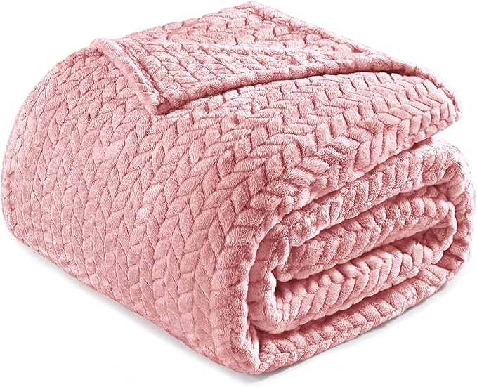 Exclusivo Mezcla Fleece Queen Size Blanket for Bed, 90x90 Inches Soft Cozy Jacquard Flannel Blankets, Lightweight Fuzzy Plush Warm for Winter, Pink