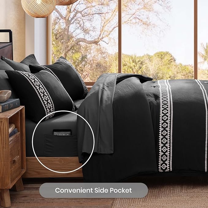 MaiRêve Oversized Queen Comforter Set Charcoal Black, Embroidery Western Bedding Set Boho 7 Pieces, Farmhouse All-Season Bed in A Bag with Sheets, Pillowcases & Shams