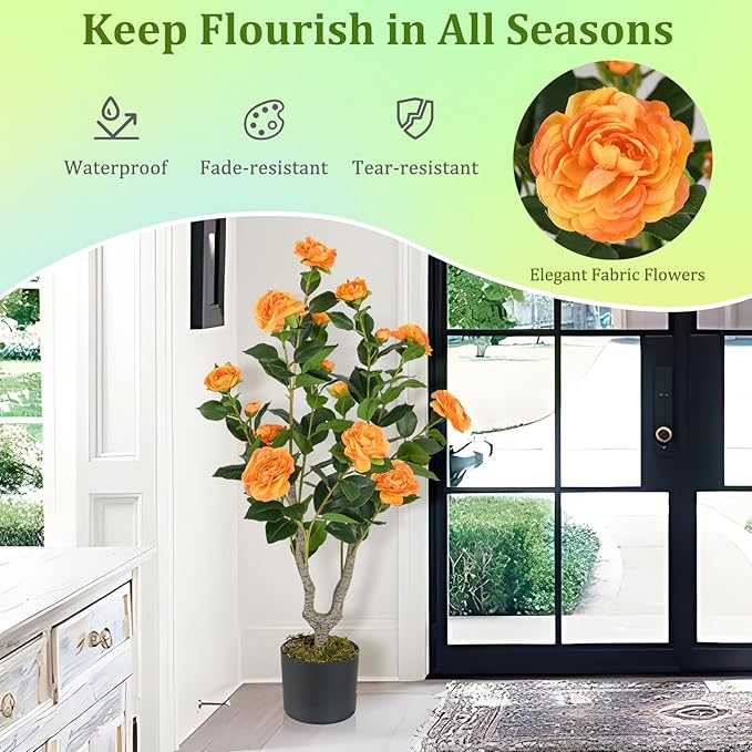 GOFLAME 3FT Artificial Camellia Tree, 2 Pack Faux Camellia Plant with Orange Flowers, Solid Wood Trunk, Realistic Moss, Greenery Potted Decoration Tree for Indoor Outdoor Home Porch Front Door