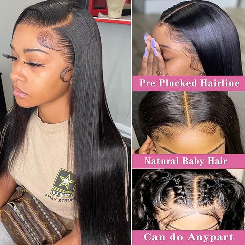 QWedafy Straight Lace Front Human Hair Wig Pre Plucked 200 Density Glueless Natural Black Straight Wig Human Hair 13x4 HD Lace Frontal Wigs for Women (24 Inch)