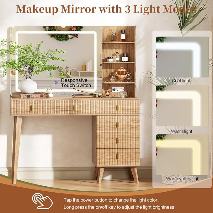 Large Makeup Vanity Desk with Mirror and Lights, Vanity Desk with 6 Drawers & Storage Shelves, Vanity Table with Power Outlet, 3 Color Modes & Adjustable Brightness Dressing Table, Bedroom,Wood
