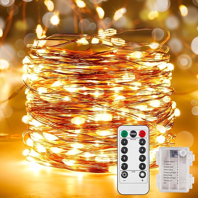 1 Pack 65.6 Ft. Battery Operated Outdoor String Lights with Remote & Timer, LED Warm White Fairy Lights, Waterproof Twinkle Lights for Bedroom, Dorm, Mason Jar, Wedding, Party, Christmas