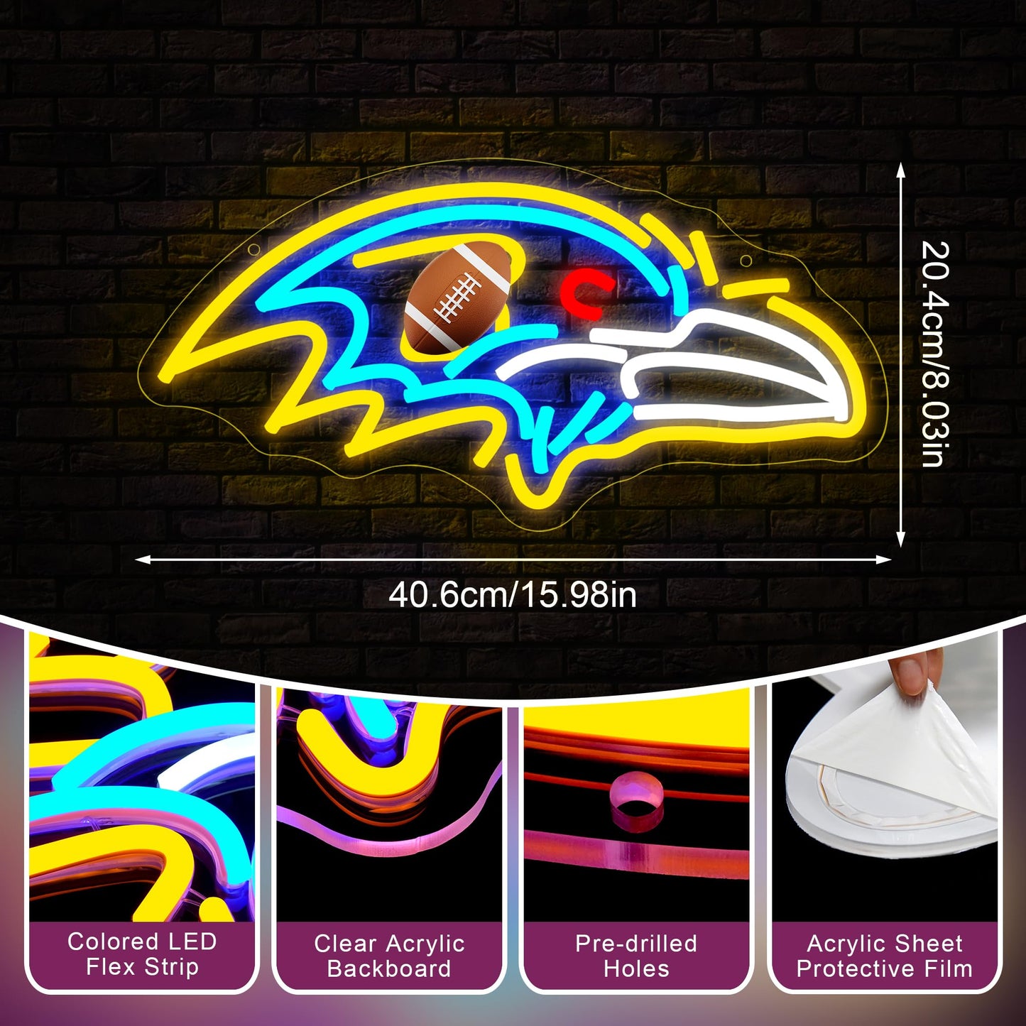 Football Neon Sign for Wall Decor - Team Merch Neon Acrylic USB Powered LED Wall Art Decor, Light Up Sign Dimmable, for Man Cave Game Room Bedroom Bar Club Party Fans 15.98" × 8.03"""