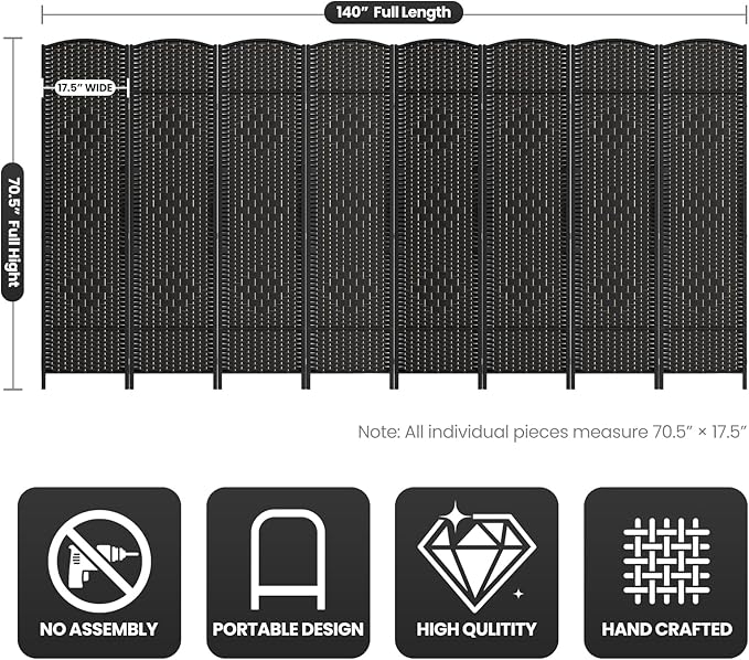 8 Panel Room Divider,6Ft Folding Privacy Screen,Tall - Extra Wide Foldable Panel Partition Wall Divider with Diamond Double-Weaved Hand-Woven Design Room Screen Divider