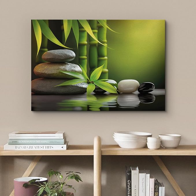 wall26 Canvas Print Wall Art Massage Stone Bamboo Leaf Nature Wilderness Photography Realism Modern Art Decorative Multicolor Rustic Minimal Relax/Calm/Cozy Colorful for Bedroom - 16"x24"