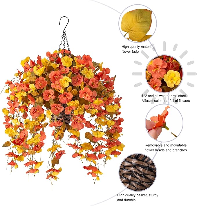 Artificial Fake Fall Hanging Flowers Baskets for Outdoor Decoration, Faux Silk Hibiscus Long Vines in Planter Realistic Flower Plants for Outside Home Porch Patio Garden (Fall YellowOrange)