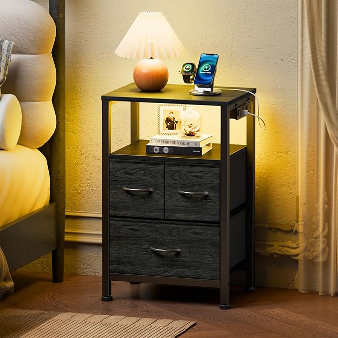 Furnulem Black Nightstand with Wood Shelf, Bed Side Table with Led Light and Charging Station, 25.8 Inch End Table with 3 Fabric Storage Drawers, Small Night Stand for Bedroom Furniture