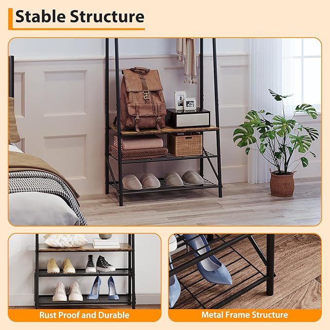 Coat Rack Hall Tree with Shoe Storage Bench, 4-in-1 Entryway Organizer, 5 Hooks & 3-Tier Shoe Rack, Freestanding Metal Frame for Hallway, Front Door