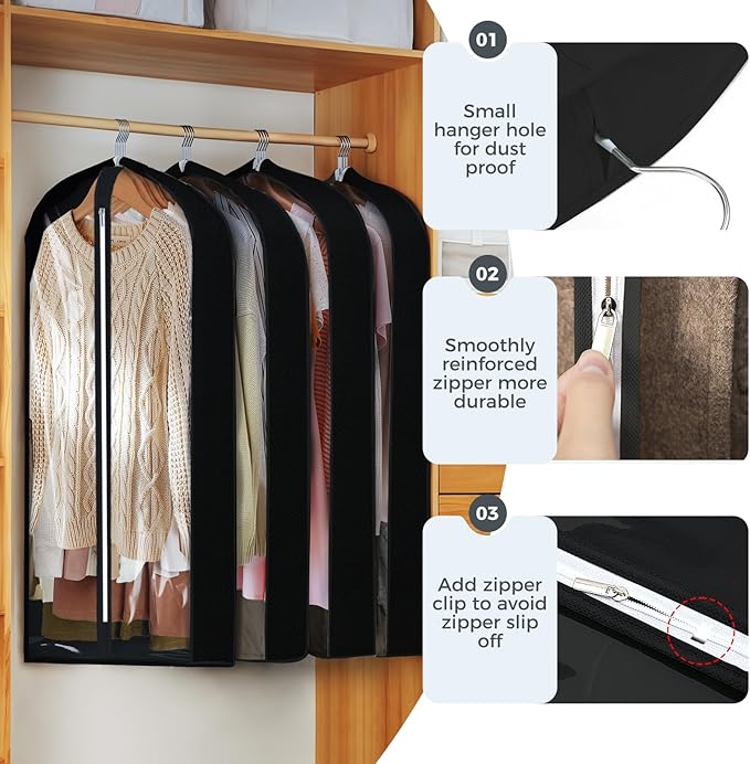 6 Pcs 40" Garment Bags for Hanging Clothes, Clear Suit Bags for Closet Storage Clothing Storage, Garment Bags Shoulder Covers with 4" Gussets for Coats, Jackets, Shirts and Sweater, Black