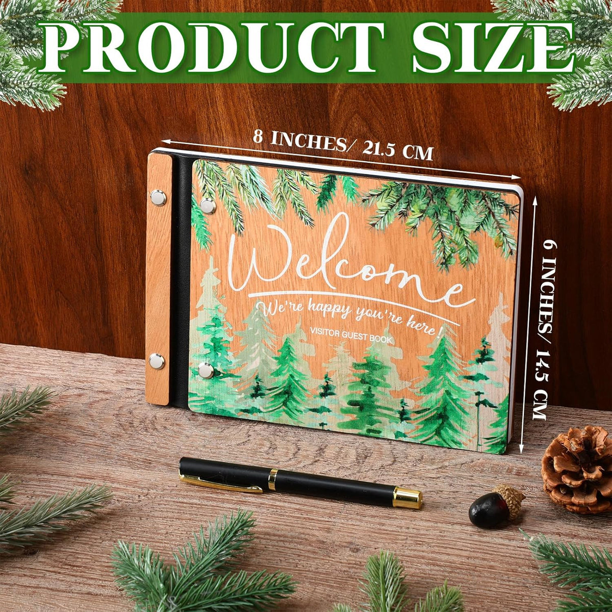 Welcome Guest Book Wood Cover Visitor Log Book Rustic Wedding Memory Scrapbook with Pen 8 x 6 Inches Neutral Pine Photo Album with 120 Pages for Vacation Home Wedding Office Reception