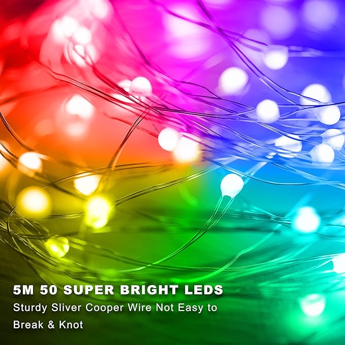 Christmas Multicolor Fairy Lights Battery Operated 6 Pack 16.4Ft 50 LEDs Silver Copper Wire Twinkle Lights for Halloween Bedroom Indoor Outdoor Wedding Dorm Parties Holiday Yard Decorations