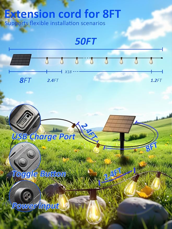 luckystyle 50FT Solar String Lights Outdoor Waterproof with 18+1 LED Bulbs Long Last for 20+Hrs, Commercial Grade Shatterproof USB Patio Solar Powered Lights for Camping，Backyard, Garden, Porch Decor