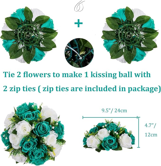 BLOSMON Teal Flowers Ball Decorations: 2 Pcs Fake Roses Flower Centerpiece for Wedding Table - Artificial Silk Kissing Bouquet Floral Arrangement for Home Party Event Decor