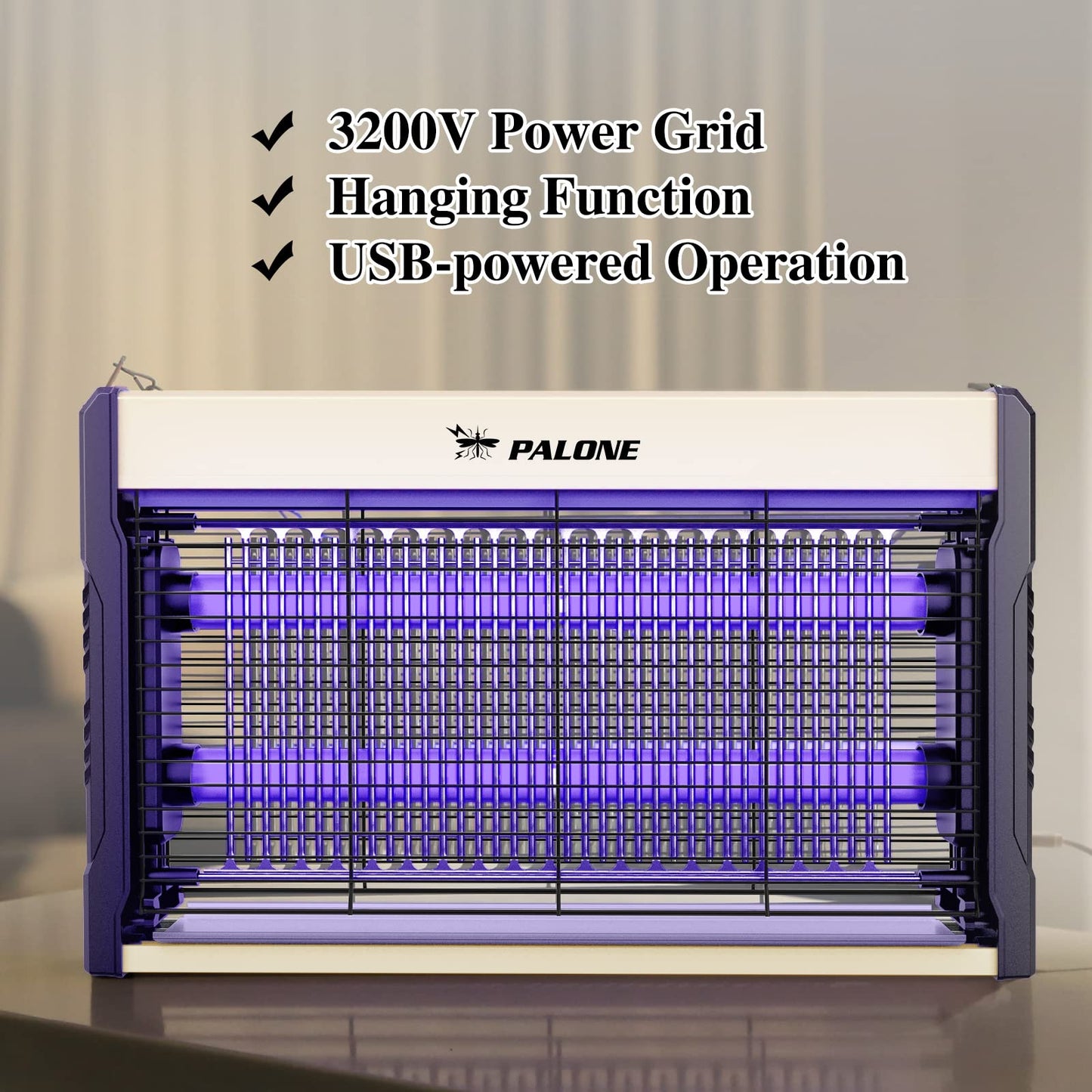 PALONE Electric Bug Zapper 3200V Mosquito Zapper Killer Indoor Insect Killer with Hanging Chain Mosquito Trap with Removable Collection Tray USB Electric Bug Zapper Outdoor for Home Office (16 in)