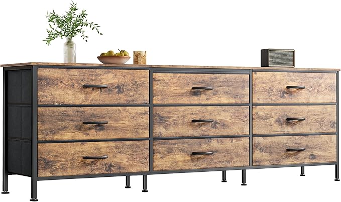Huuger 63 Inch Dresser for Bedroom, Dresser for Closet with 9 Drawers, Large TV Stand for 55, 65, 70 Inch TV, Entertainment Center with Storage, Wide Long Chest of Drawers, Rustic Brown