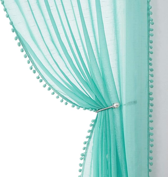 Treatmentex Pompom Sheer Window Curtains for Bedroom Aqua-Blue 95inches Length Decorative Sheer Window Drapes for Wedding Party Ceremony 52" W x 2 Panels Rod Pocket