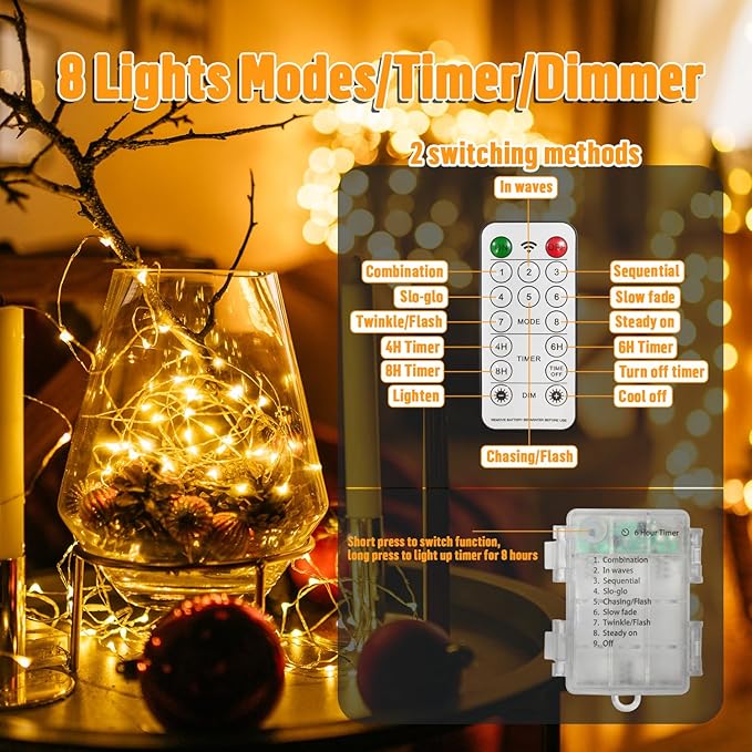 LAMPHOME 100 LED 33FT Fairy Lights Battery Operated with Remote, Twinkle Fairy Lights Multi-Functions &Timer Starry String Lights for Indoor Outdoor Christmas Wedding Home Decor, Warm White