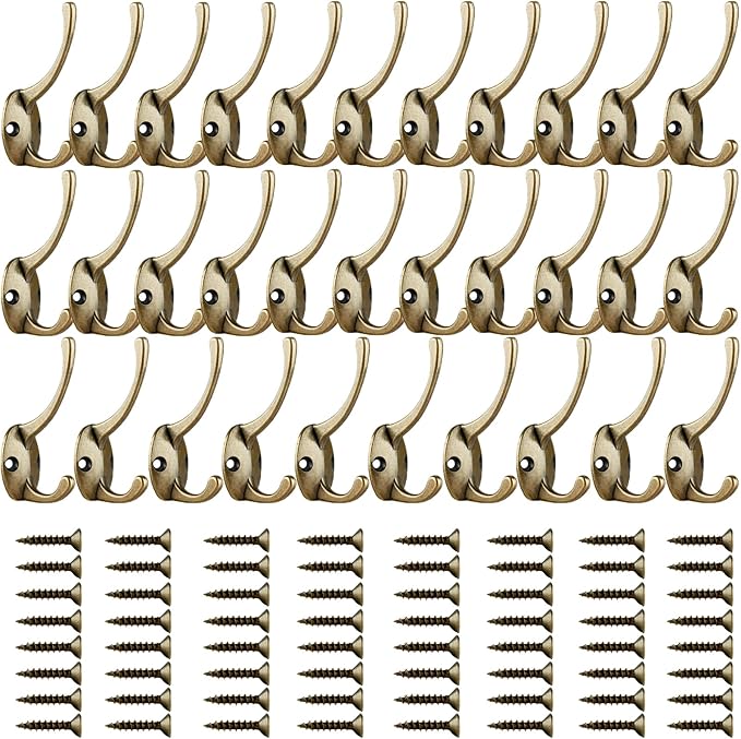 IBosins 32 Pack Antique Brass Coat Hooks Wall Mounted with 64 Screws Retro Double Hooks Utility Hooks for Coat, Scarf, Bag, Towel, Key, Cap, Cup, Hat