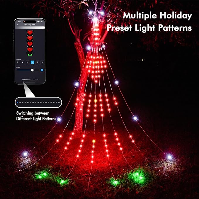 12FT Outdoor Christmas Decorations, Smart RGB Color Changing Christmas Hanging Waterfall String Lights, APP Remote Control, DIY Multi-Color Lightshow, Music Sync, Outside Xmas Lights Decor