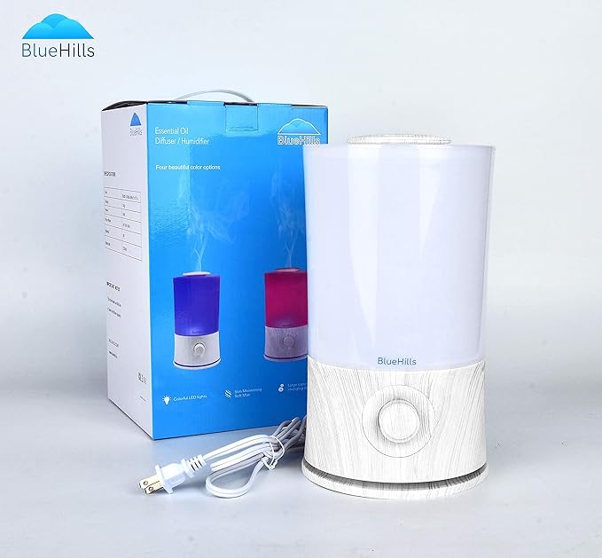BlueHills Premium Set of Two Large 2000 ML XL Essential Oil Diffusers Humidifier Combo for Large Room Home with Décor LED Lights Great Gift – White and White Wood Grain.