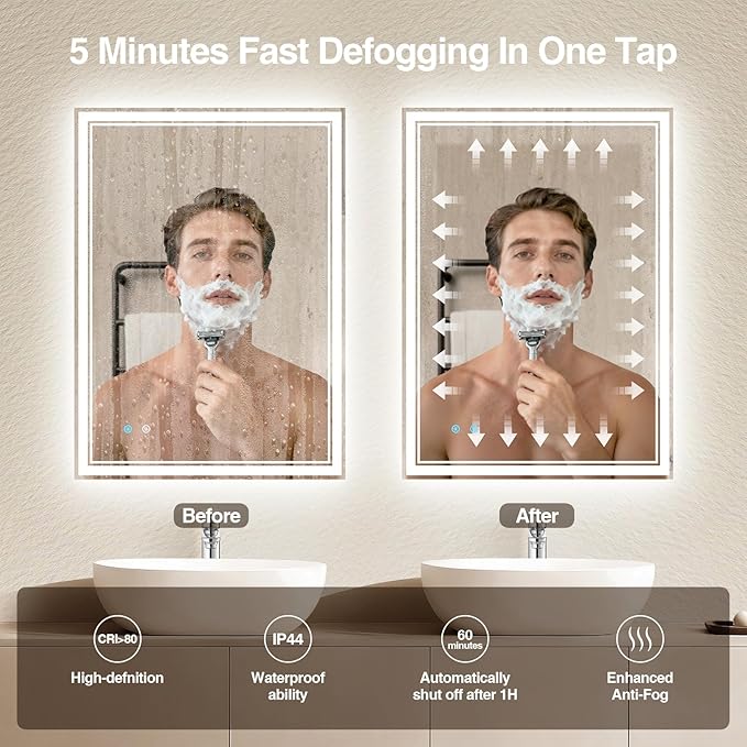 24"x 32" LED Bathroom Mirror with Anti-Fog, Dimmable Backlit + Front Lit, 3-Color LED Bathroom Vanity Mirror for Wall, Memory Function, Shatter-Proof Glass, ETL Listed(NHYJ6822D-NA)
