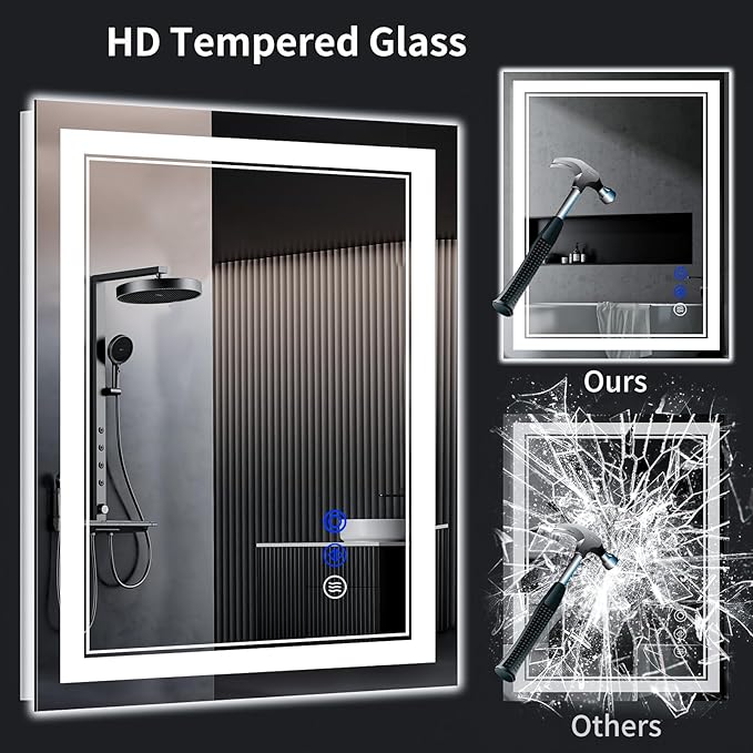 36"x24" LED Bathroom Mirror with Anti-Fog, Stepless Dimmable Lights, 3 Color Modes, Shatter-Proof Tempered Glass,Waterproof Design