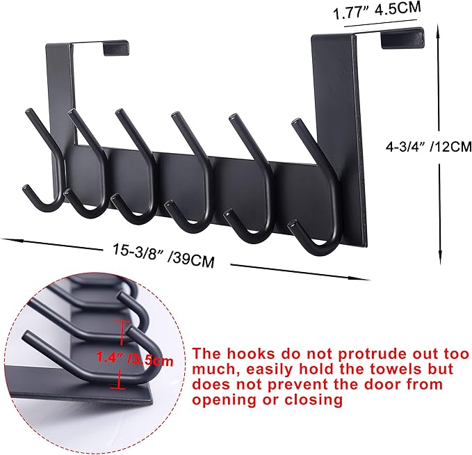 SKOLOO Over The Door Hook - 6 Hooks, No Assembly Required, Stainless Steel Door Hooks, Over Door Coat Rack for Hanging Coats Clothes Hats Robes, Black