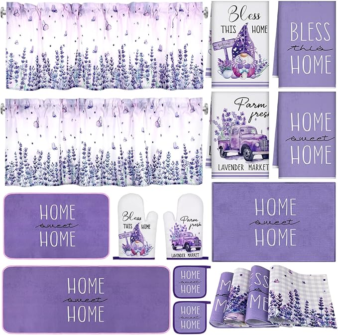 16 Pcs Lavender Kitchen Decor Set 4 Purple Kitchen Towels 4 Lavender Placemats 2 Non Slip Rugs and Mats for Floor 2 Spring Oven Mitts Gloves 2 Pot Holders 2 Floral Curtains for Home Decoration Gift