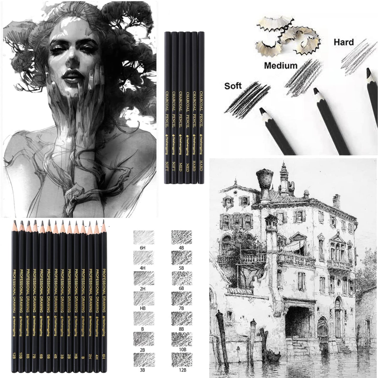 Heshengping 31 Drawing Sketching Pencils Kit, Portable Artist Supples Travel Case Set has Graphite, Charcoal, white color pencil, Blending Stump, gift for Adults Beginners for Drawing Sketch