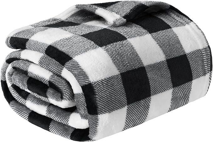 PAVILIA Black and White Buffalo Plaid Fleece Throw Blanket for Couch, Soft Checkered Flannel Blanket for Sofa, Plaid Christmas Couch Throw Bed, Warm Cozy Decorative Blanket Fall Decor Gift, 60x80