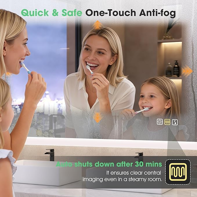 S'bagno 32" x 24" LED Bathroom Mirror with Lights, Bluetooth Speaker, Anti-Fog & Waterproof, Dimmable Wall Mirror with Touch Control, 3 Light Colors, Vertical or Horizontal, Ideal for Family Bathrooms