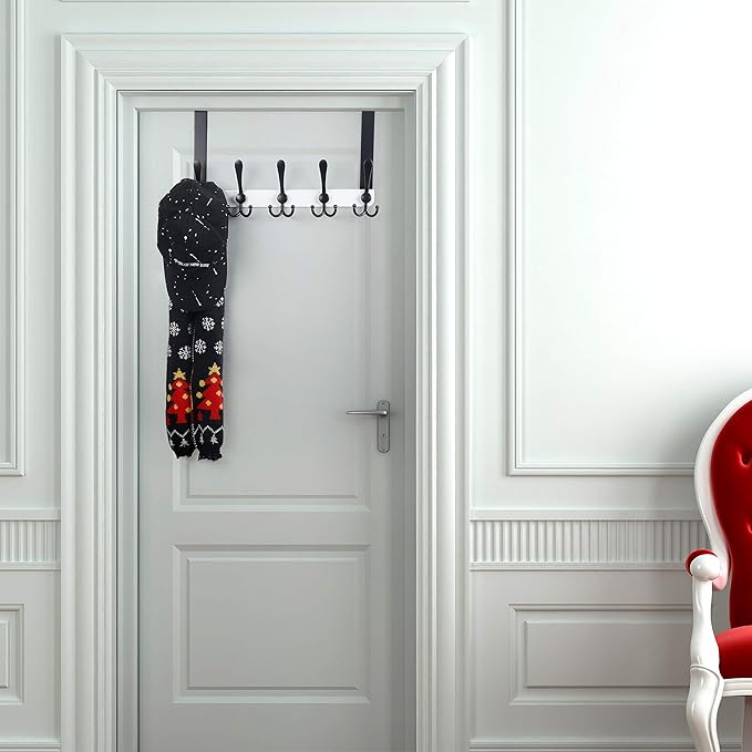 Dseap Over The Door Hook Hanger - Fits 1 3/8" to 1 3/4" Standard Doors | 5 Tri Hooks Heavy Duty Towel/Coat Rack | Door Organizer for Clothes, Jackets, Hats, Towels, White & Black, Pack of 2