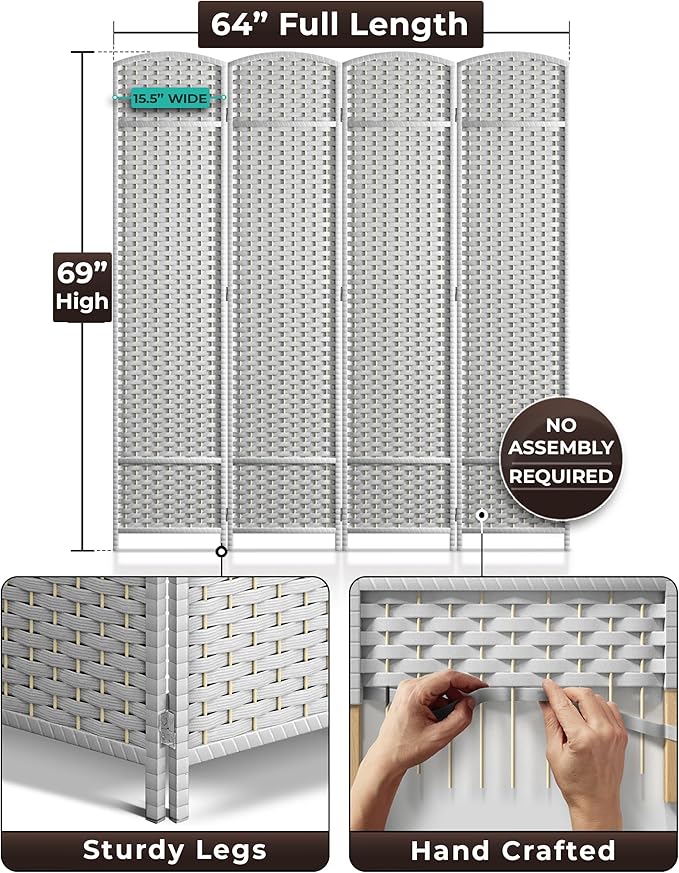 Sorbus 4 Panel Room Divider 6 ft. Tall - Privacy Screen, Extra Wide Double Hinged Panels, Mesh Hand-Woven Design, Partition Room Dividers and Folding Privacy Screens, Wall Divider for Room Separation