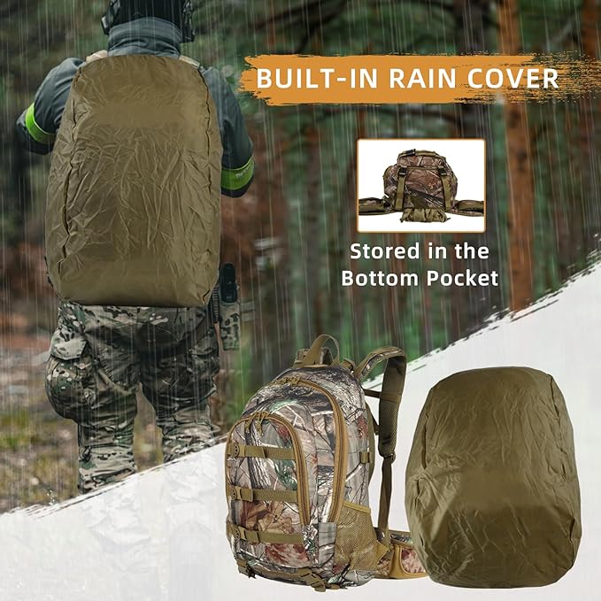 AUMTISC 40L Hunting Bag Backpack with Rifle Holder for Men, Waterproof Camo Hunting Day Back Pack with Rain Cover for Gun Bow