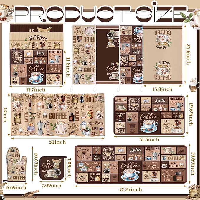 Fourluoo 16 Pcs Coffee Kitchen Decor and Accessories Set Coffee Brown Kitchen Towel and Dishcloth Non Slip Rug Mat for Floor Farmhouse Oven Mitt and Pot Holder Curtain Set for Home Decoration Gift