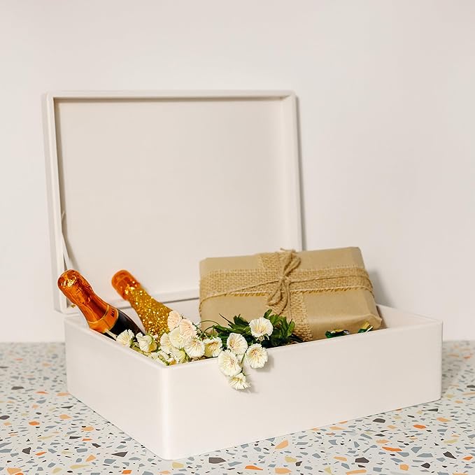 XL White Wooden Box Storage with Hinged Lid | 15.8x11.8x5.5in (+-0.5) | Gift Box for Tool Dog Toy Shoes Clothes Kitchen Storage | Wood Keepsake Chest