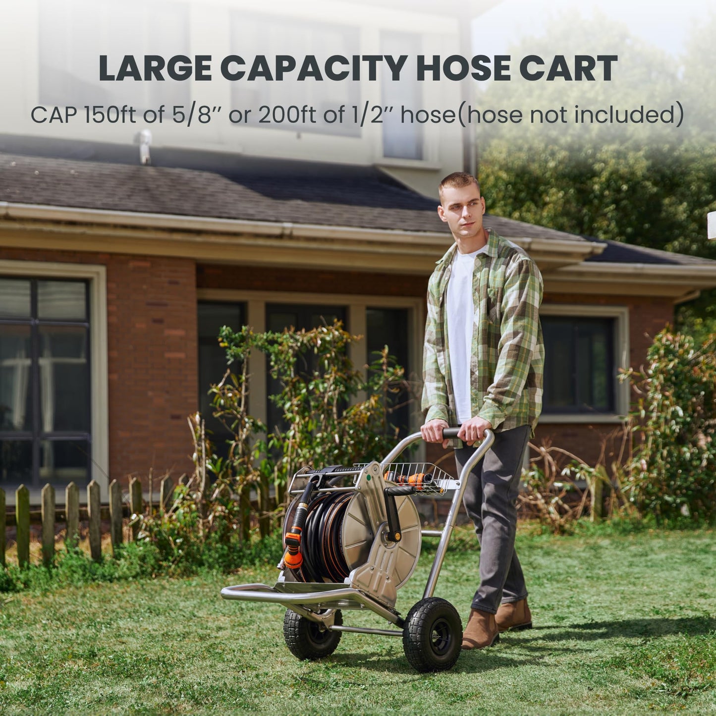 Giraffe Tools Garden Hose Reel Cart with Wheels, Stainless Steel Heavy Duty Water Hose Reel Cart, 200 ft of 1/2 Capacity, Mobile for Outside