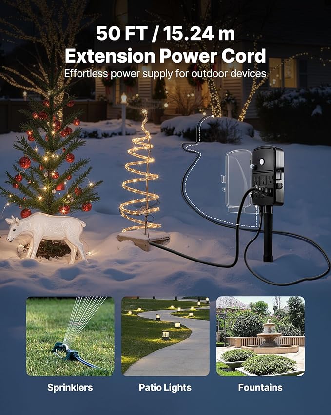 VEVOR Outdoor Power Stake Waterproof, 50 FT Extension Cord, Outdoor Power Strip, Weatherproof with Cover and Overload Protection, 6 Outlets, 15A/1875W for Halloween/Christmas Lights Decorations