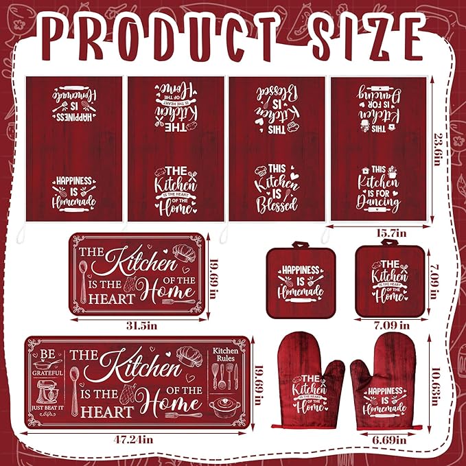Fourluoo 10 Pcs Farmhouse Kitchen Decor and Accessories Set 4 Kitchen Towels 2 Pot Holders 2 Oven Mitts 2 Rugs for Cooking Baking Mom Housewarming Gifts(Red,Classic Style)