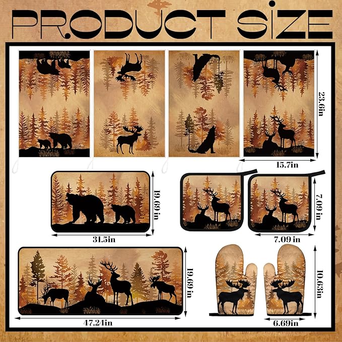 Fourluoo 10 Pcs Farmhouse Kitchen Decor Set 4 Brown Bear Kitchen Towels 2 Forest Wild Animal Pot Holders 2 Rustic Deer Oven Mitts 2 Vintage Forest Wildlife Rug for Cooking Baking Mom Housewarming Gift