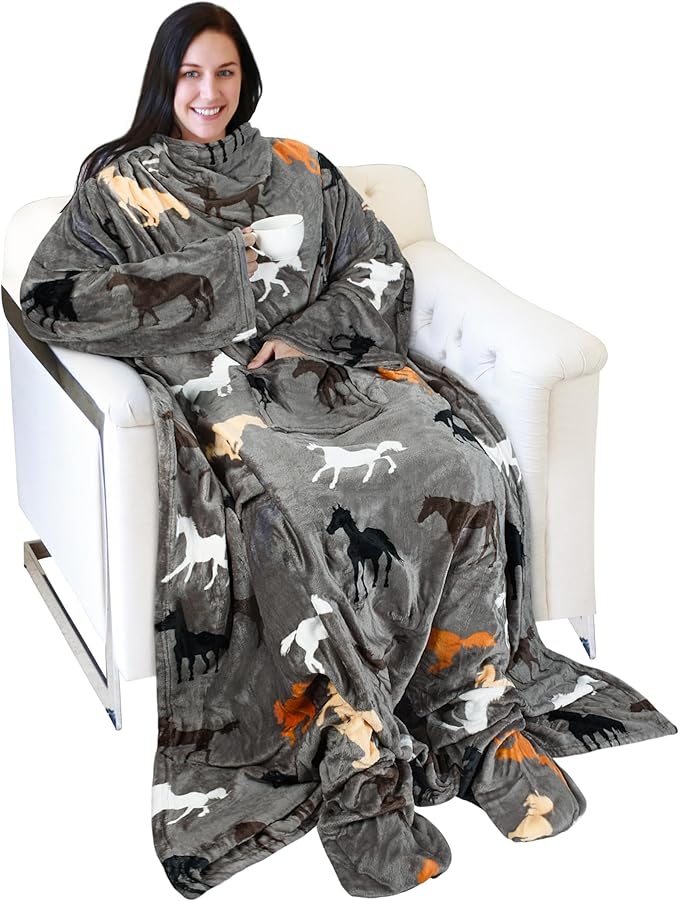 Catalonia Wearable Fleece Blanket with Sleeves and Foot Pockets for Adult Women Men, Micro Plush Comfy Wrap Sleeved Throw Blanket Robe Large, Taupe Horse