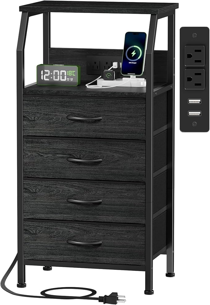 Furnulem Night Stand with Charging Station, 4 Drawer Dresser with Storage Shelf, 33.3 Inch Tall Side Table, Fabric End Table for Closet, Entryway, Bedside Furniture, 3 Ways to Use, Black Oak