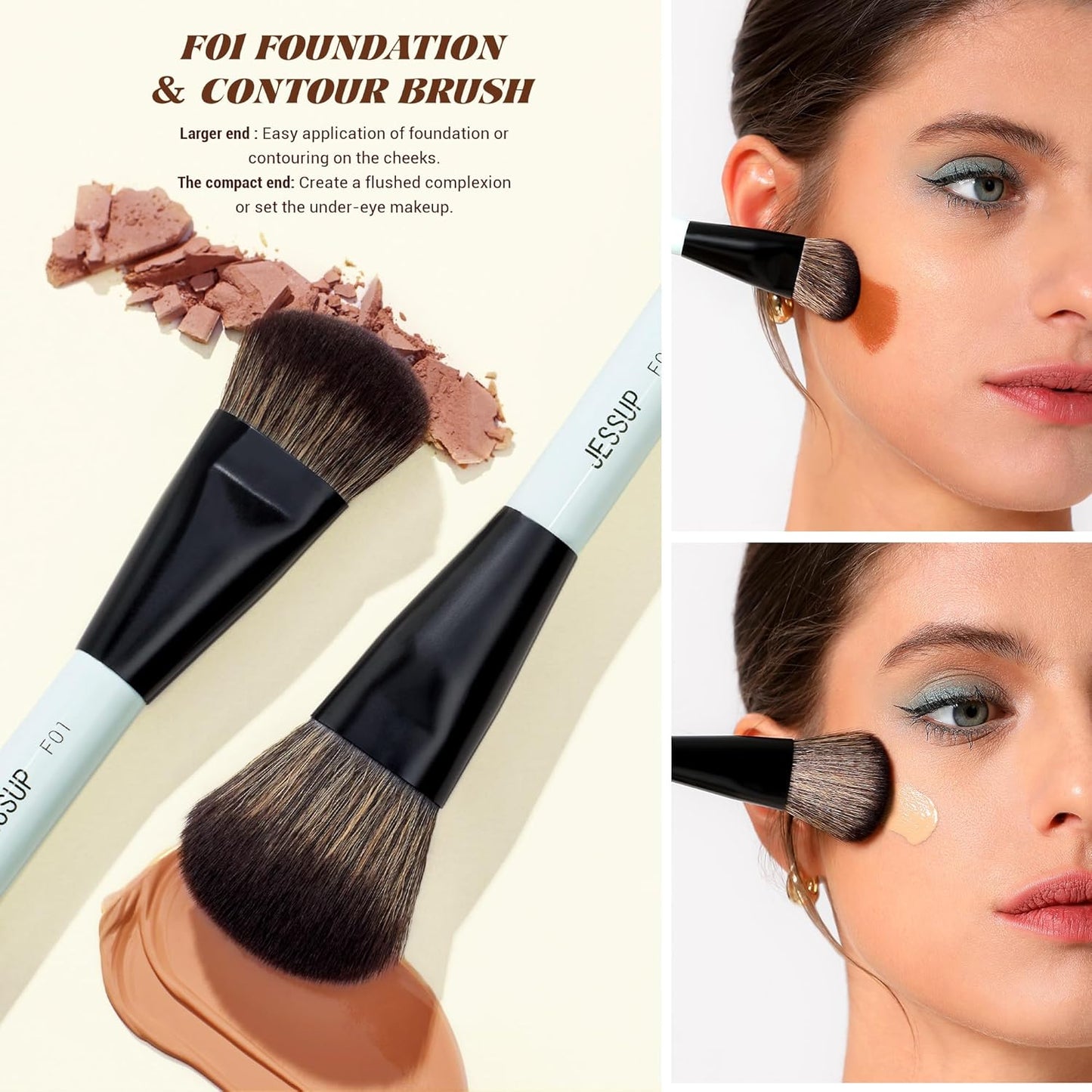 Jessup Face Makeup Brushes with Makeup Sponge, 3pcs Double Ended Makeup Brush for Foundation Contour Blush Highlight and Concealer Brush, Premium Synthetic Brush Set with Gift Box, T510